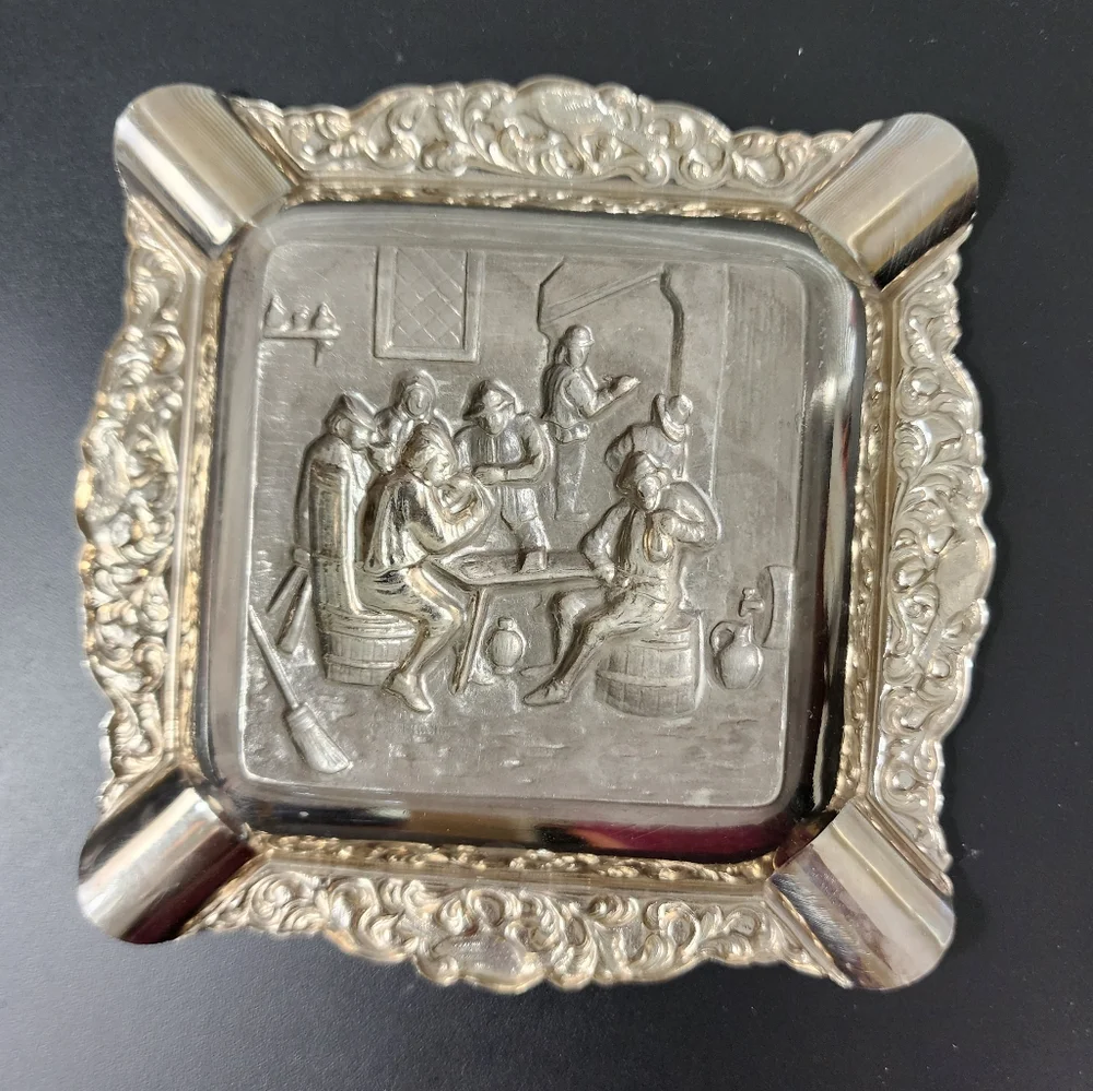 Antique Silver Plated Ashtray Ornate Detailed Men Tavern Table Vintage